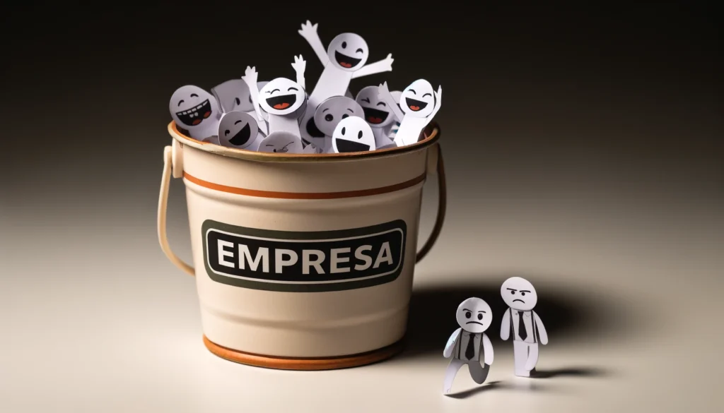 Imagem representando a empresa como um balde com vários clientes felizes dentro. Fora estão dois clientes com a cara de bravos se afastando do balde. Os clientes são representados por origâmi de papel.