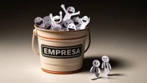 Imagem representando a empresa como um balde com vários clientes felizes dentro. Fora estão dois clientes com a cara de bravos se afastando do balde. Os clientes são representados por origâmi de papel.